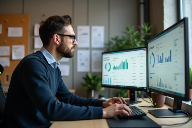 Expert SEO Adrien Beaujeu travaillant sur une stratégie d'intelligence artificielle et de référencement naturel devant deux écrans d'analyse