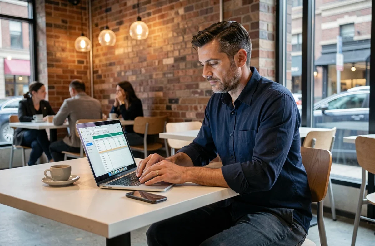 Auto-entrepreneur travaillant sur ses finances dans un café avec un ordinateur portable