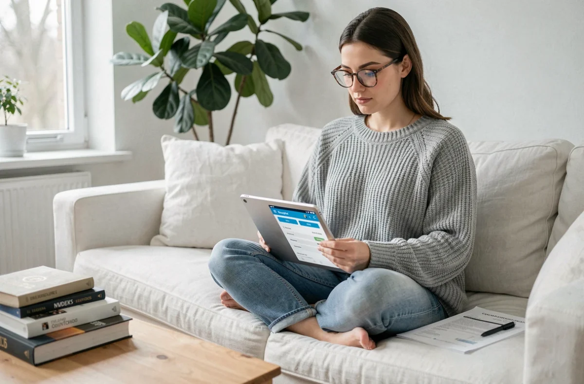 Jeune auto-entrepreneuse consultant une application de budget sur tablette chez elle