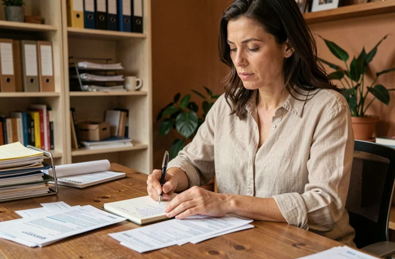 Auto-entrepreneuse gérant ses revenus et factures à son bureau à domicile