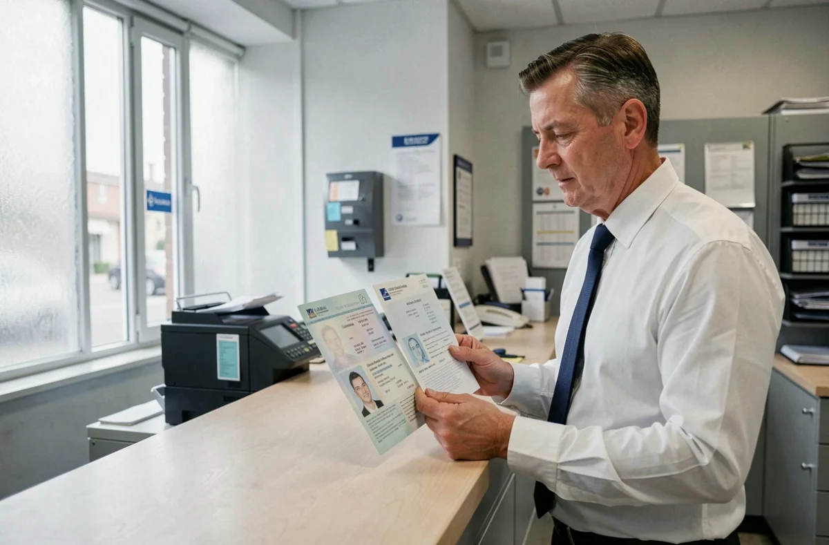 Homme comparant un document original et sa photocopie certifiée conforme au comptoir d'un bureau de poste