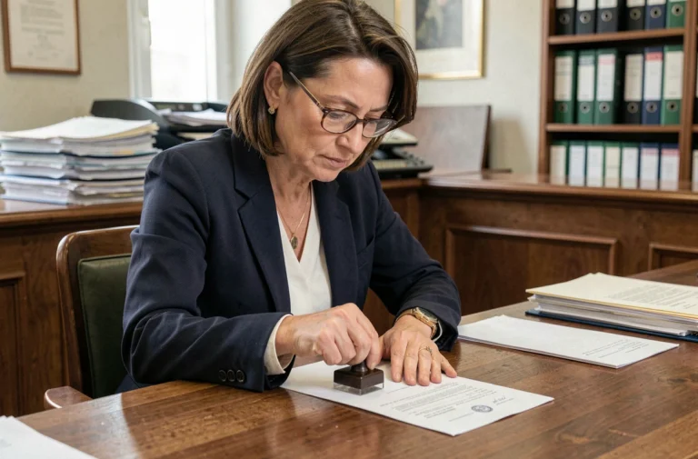Femme fonctionnaire tamponnant une photocopie certifiée conforme à l'original dans un bureau administratif