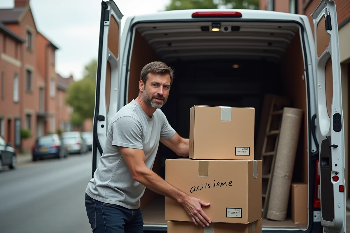 Homme chargeant des cartons dans un camion de déménagement de 4m3 devant un immeuble résidentiel