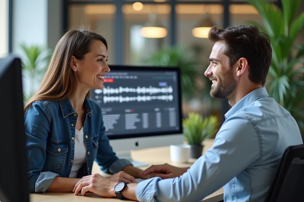 Deux collègues découvrant ensemble une plateforme de sons gratuite en ligne au bureau