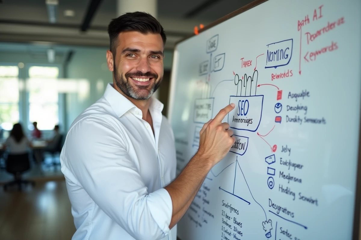 Consultant en SEO et IA expliquant une stratégie de référencement devant un tableau blanc rempli de schémas et de mots-clés
