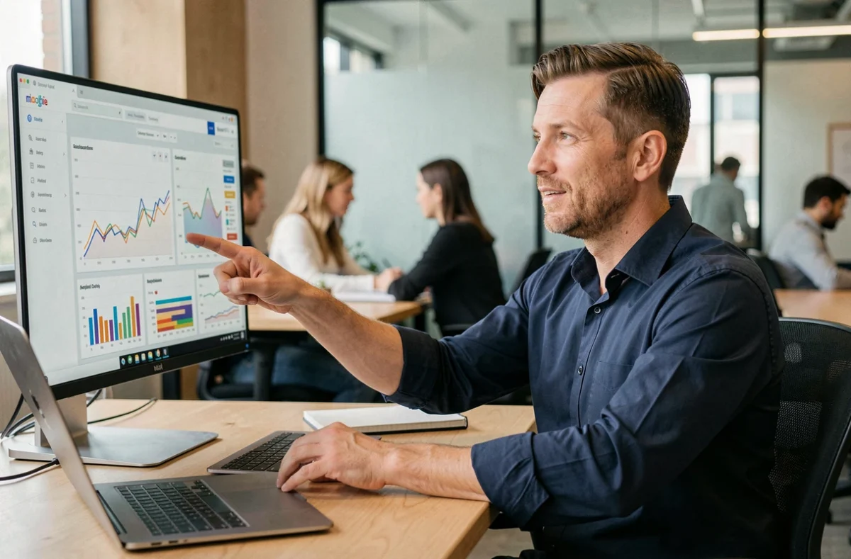 Consultant web masculin analysant des statistiques de présence en ligne sur un grand écran dans un open space moderne