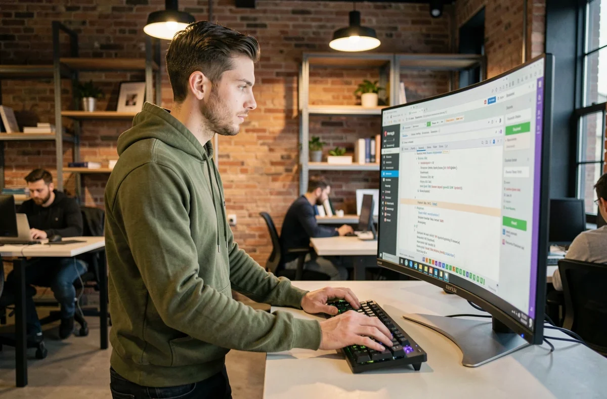 Jeune consultant web freelance travaillant sur une stratégie SEO dans un espace de coworking moderne