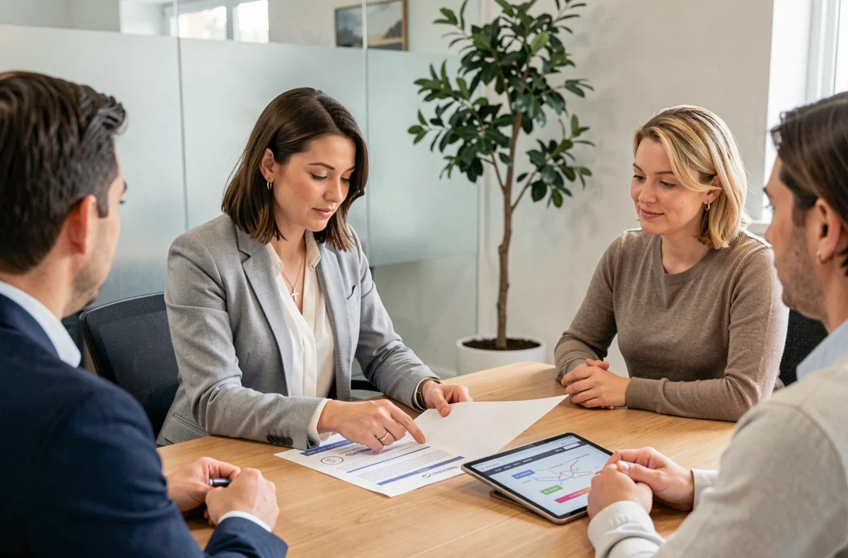 Consultante web présentant une stratégie digitale à des clients autour d'une table de réunion professionnelle