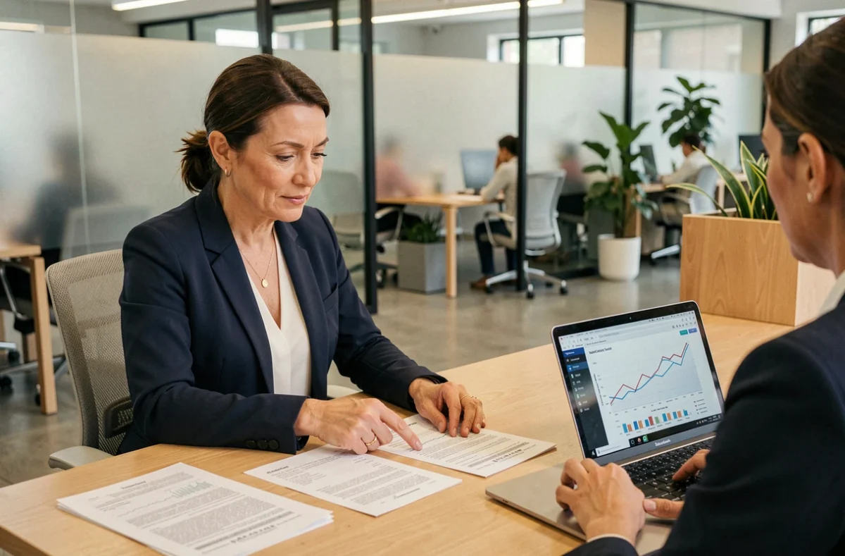 Femme cadre consultant un conseiller financier dans un bureau moderne pour optimiser sa gestion financière personnalisée