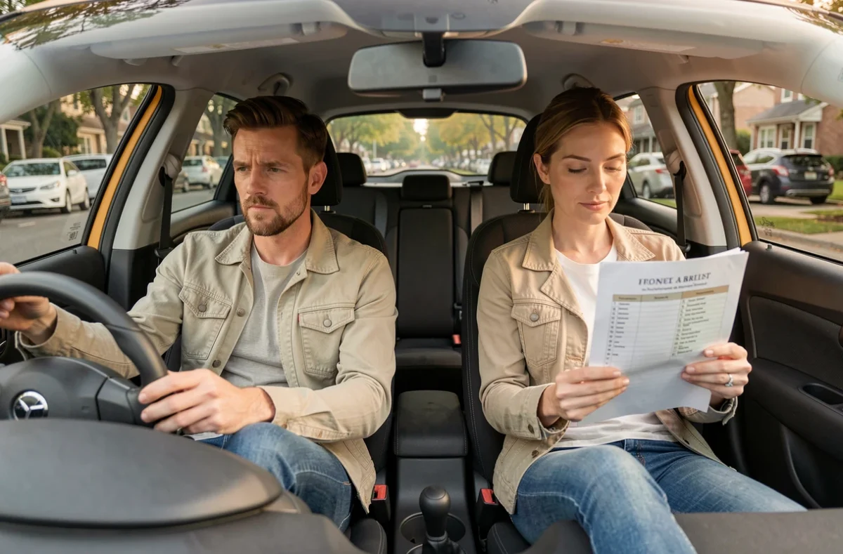 Couple effectuant un essai routier d'une voiture compacte en consultant une liste de critères d'achat