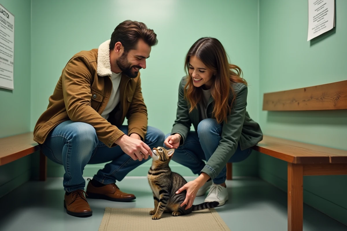 Couple en rencontre avec un chat au refuge SPA, processus d'adoption et évaluation par les bénévoles