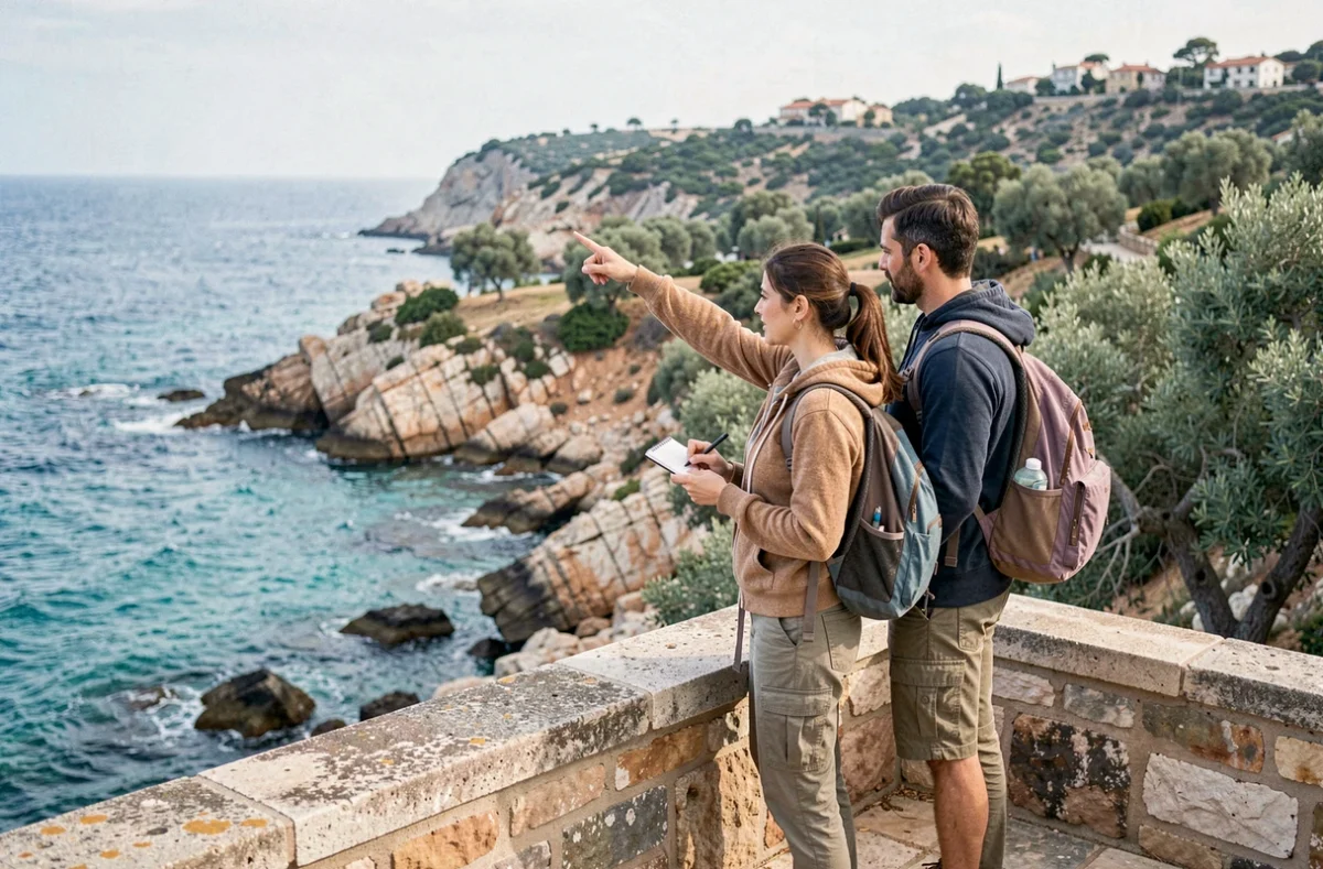Couple de voyageurs explorant un panorama côtier méditerranéen depuis un belvédère public avec carnet de voyage