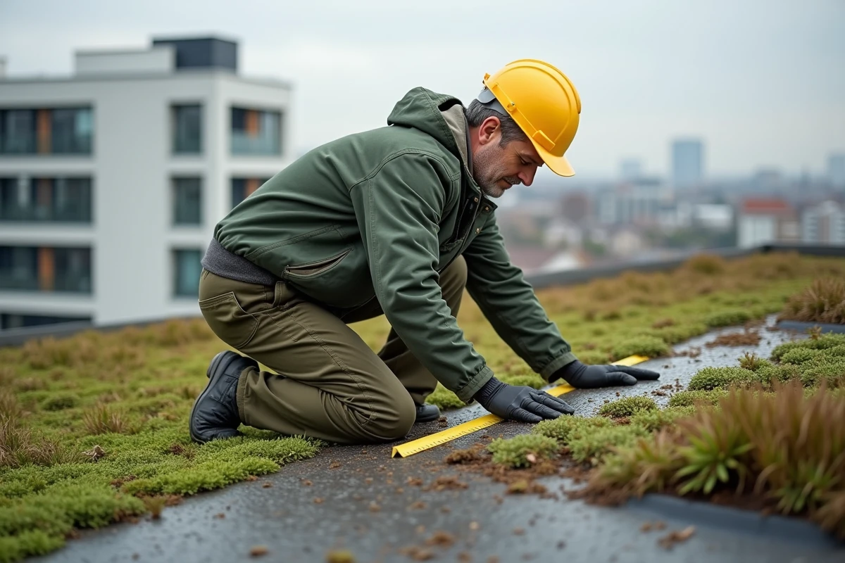 Couvreur professionnel posant un tapis de sedum sur une toiture végétalisée en pente douce en milieu urbain