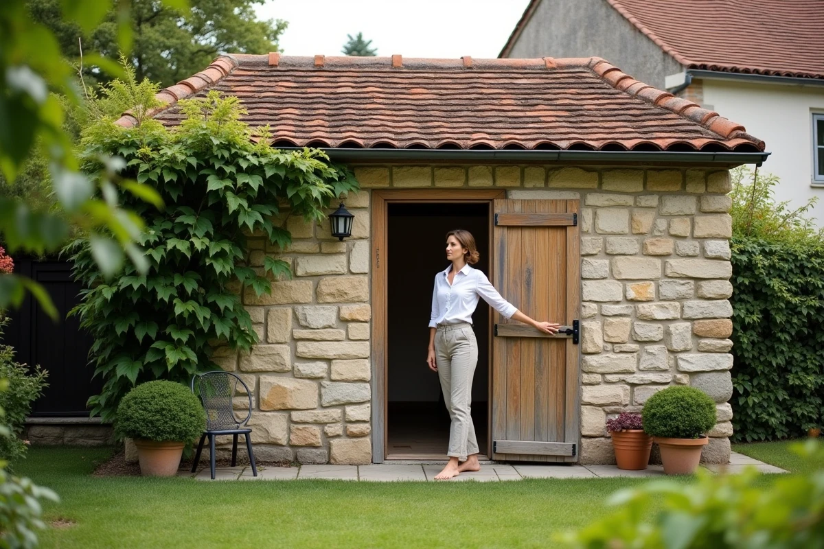 Femme devant une dépendance en pierre indépendante dans un jardin résidentiel français, illustrant la distinction entre annexe et dépendance immobilière