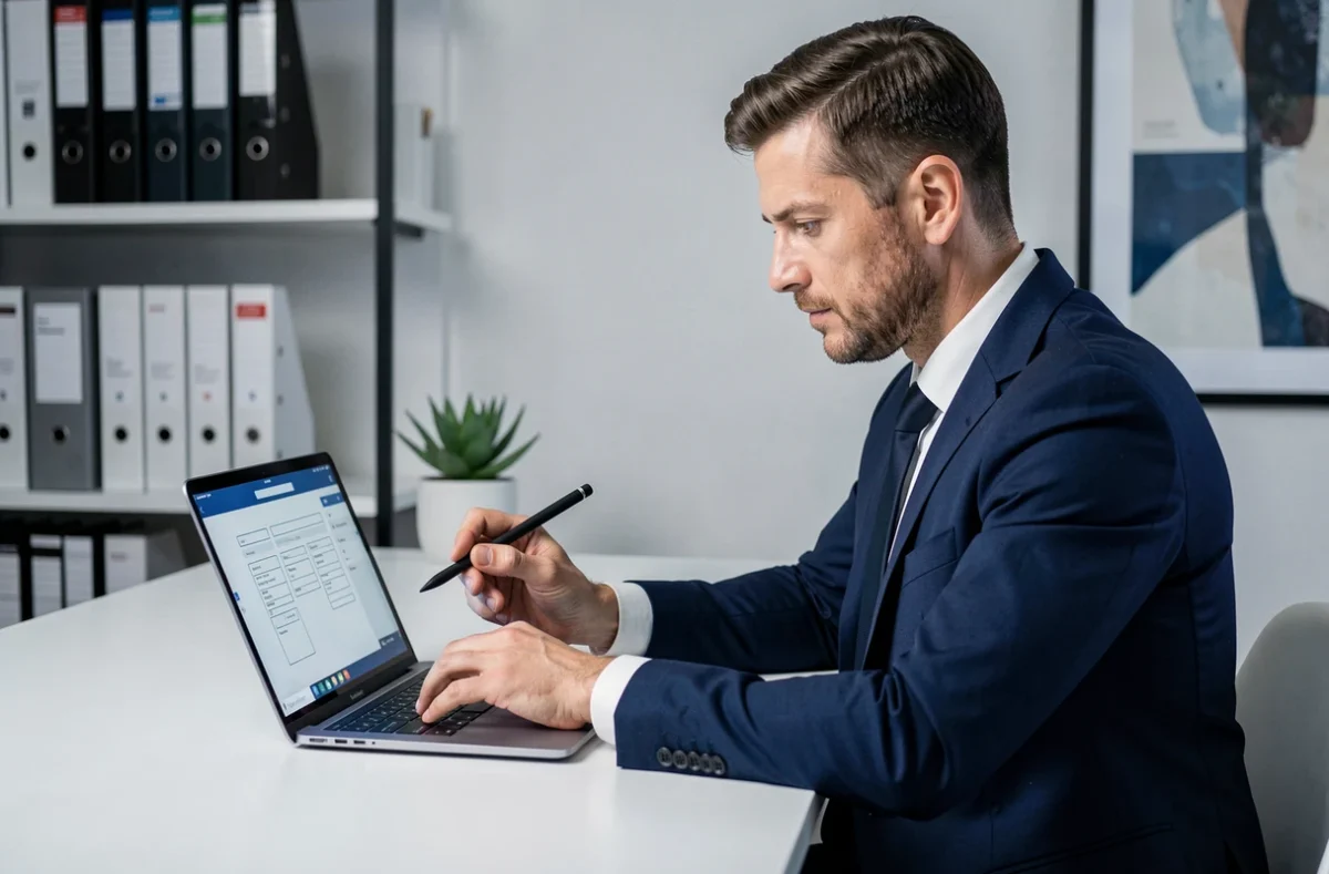 Entrepreneur concentré travaillant sur une application business innovante dans un bureau privé minimaliste