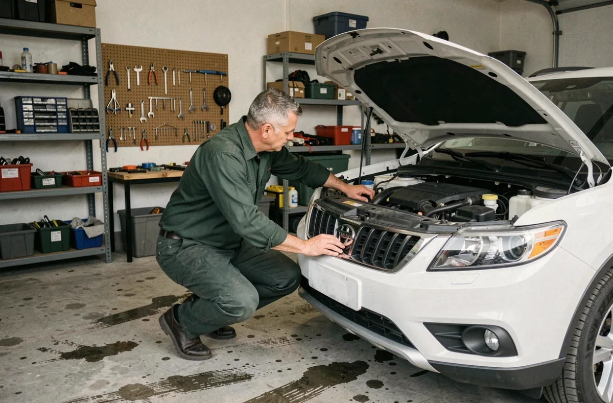 Homme effectuant l'entretien du moteur d'un SUV blanc dans un garage domestique bien organisé