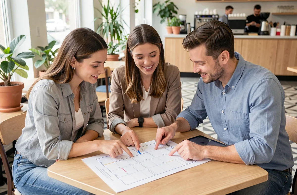 Équipe de collègues collaborant autour d'un calendrier éditorial imprimé dans un espace de coworking convivial