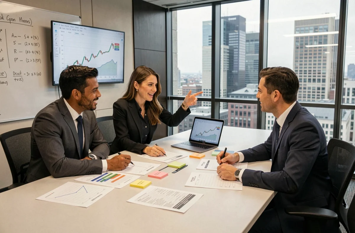 Équipe de conseillers financiers collaborant en salle de réunion pour élaborer des stratégies de gestion financière adaptées