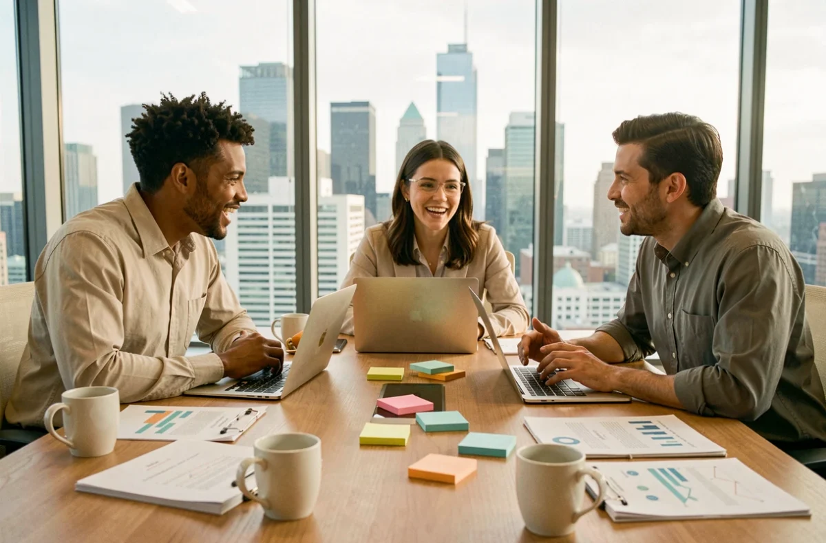 Équipe de professionnels collaborant autour d'une table de réunion avec des rapports et des ordinateurs portables
