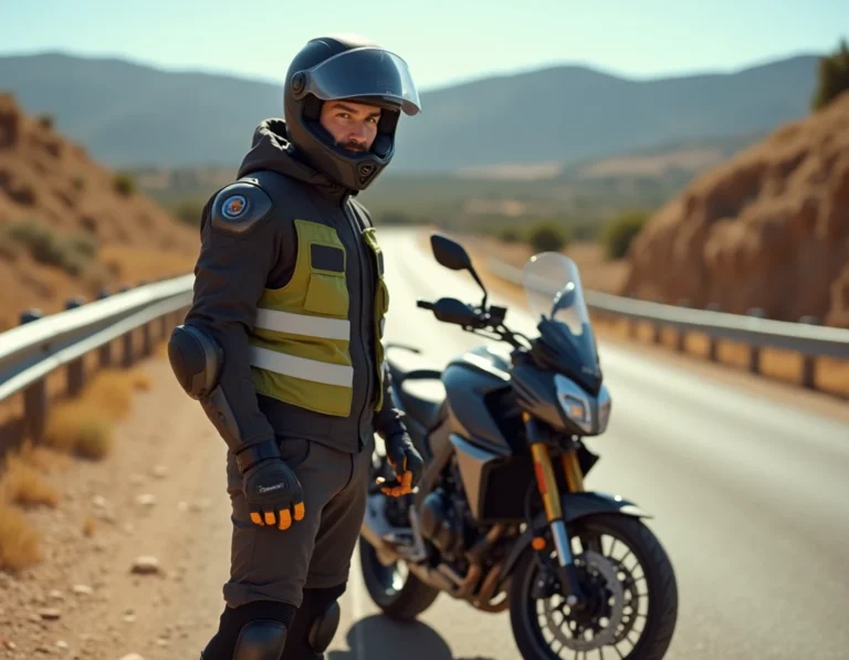Motard équipé d'un casque homologué, gilet réfléchissant et veste de protection sur une route espagnole en 2025