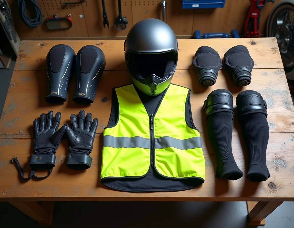 Équipements obligatoires pour la moto en Espagne 2025 : casque, gilet réfléchissant, gants et protections disposés sur un établi d'atelier
