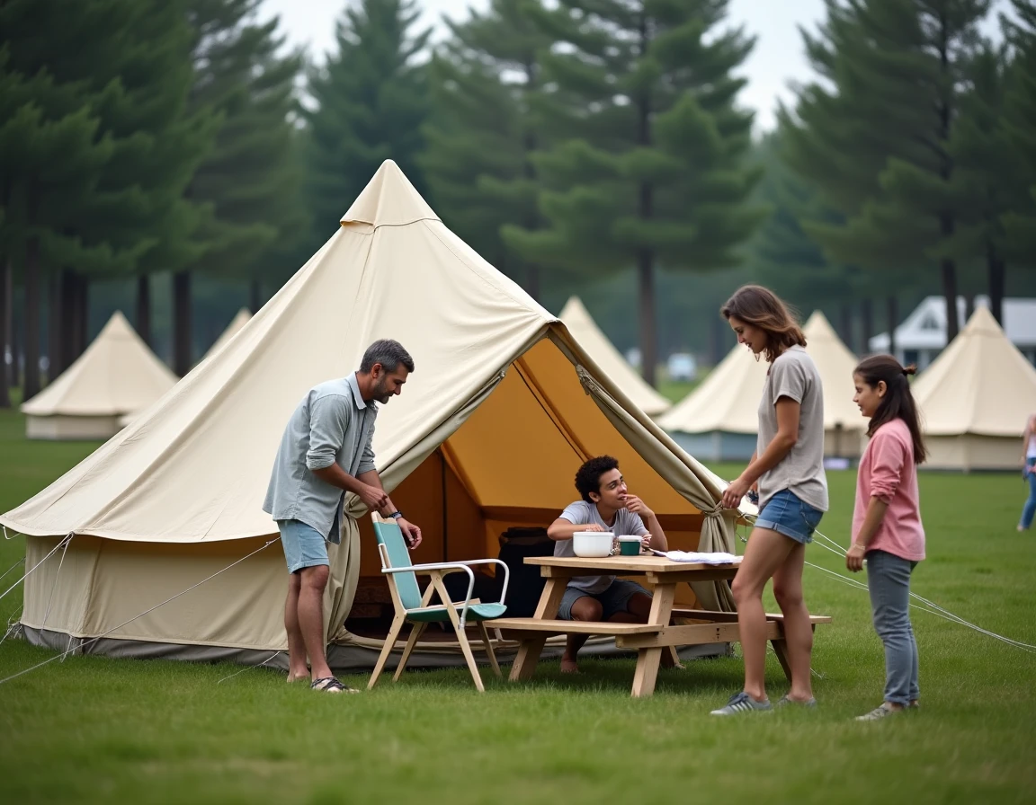Famille installant leur tente dans un grand camping européen entouré de pins avec table de pique-nique en bois