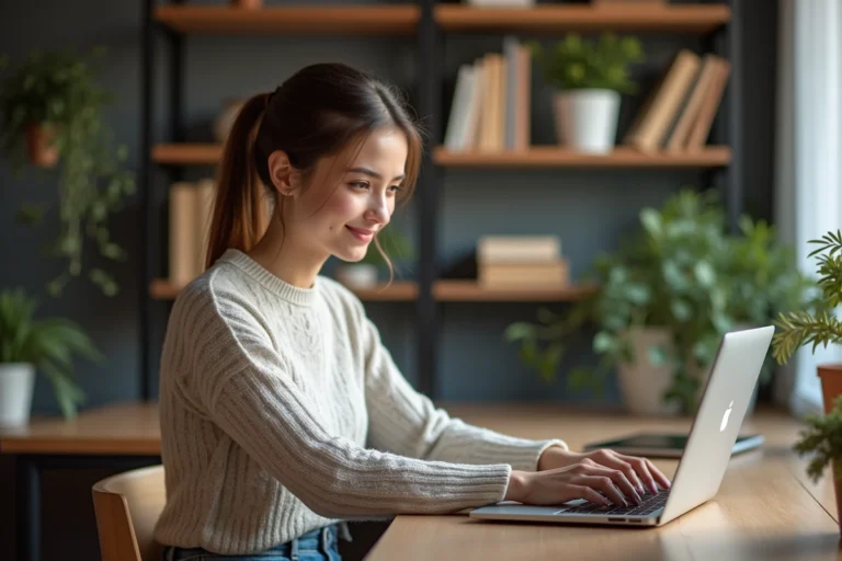Jeune femme souriante travaillant sur son ordinateur dans un bureau cosy