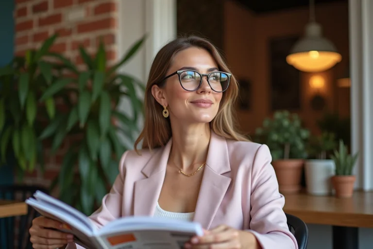 Femme élégante lisant dans un café urbain avec lunettes