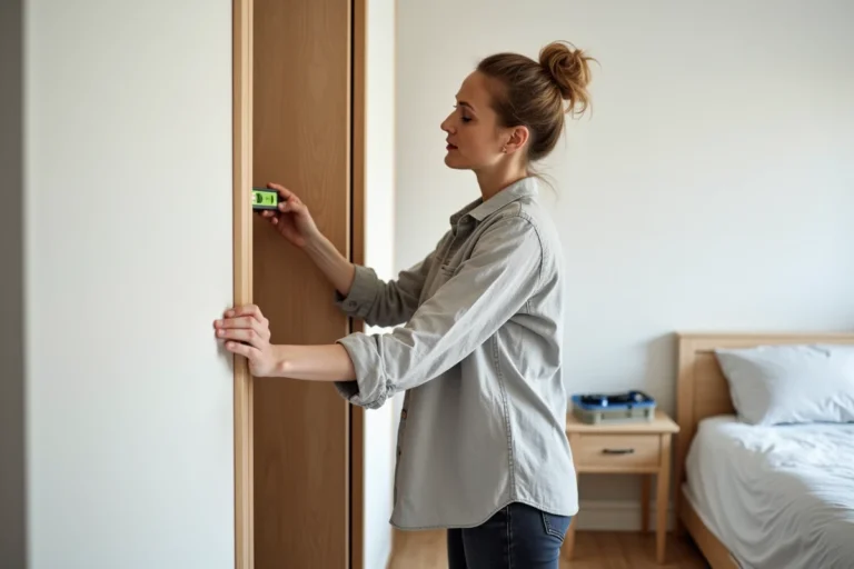 Femme fixant une joue de dressing en bois contre un mur blanc avec un niveau à bulle dans une chambre moderne