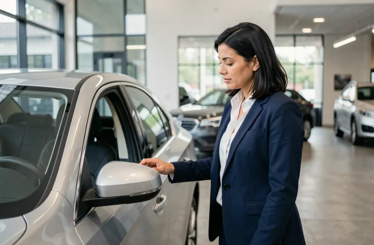 Femme inspectant une voiture neuve dans une concession automobile moderne avant un achat