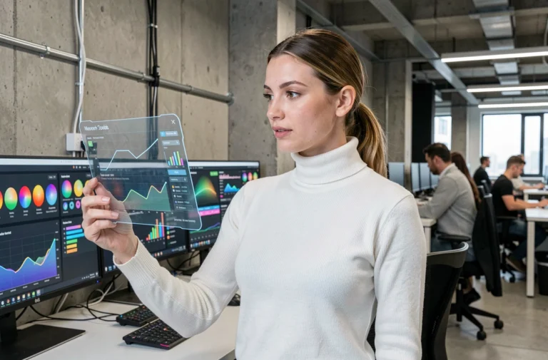 Femme professionnelle interagissant avec une interface de réalité augmentée dans un espace de travail technologique moderne en 2024