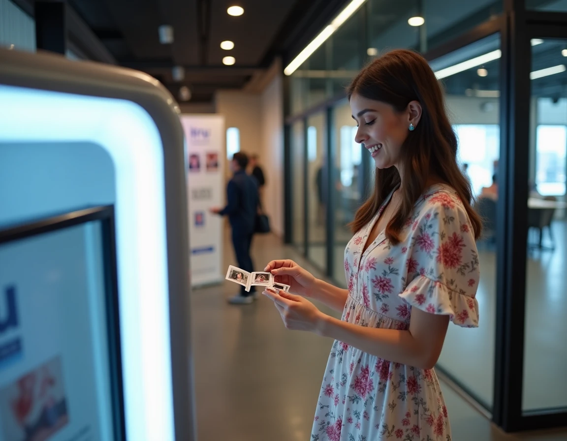 Femme tenant un bandeau de photos imprimé par un photobooth Kruu lors d'un événement d'entreprise