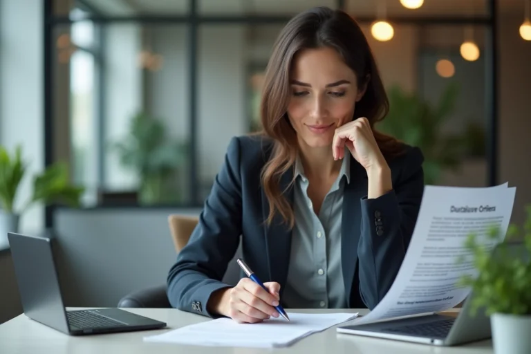 Femme professionnelle lisant un document juridique au bureau