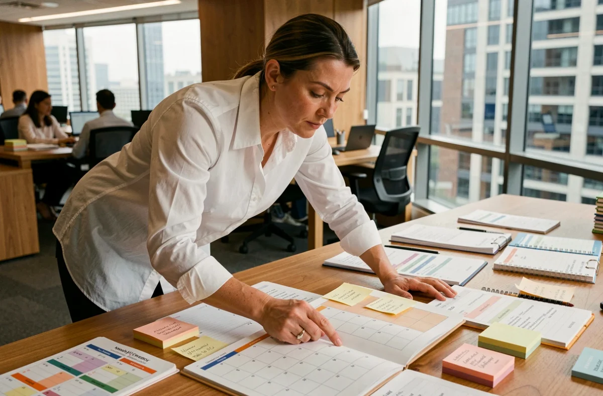 Femme professionnelle consultant plusieurs types de calendriers organisationnels sur un bureau en bois dans un bureau moderne