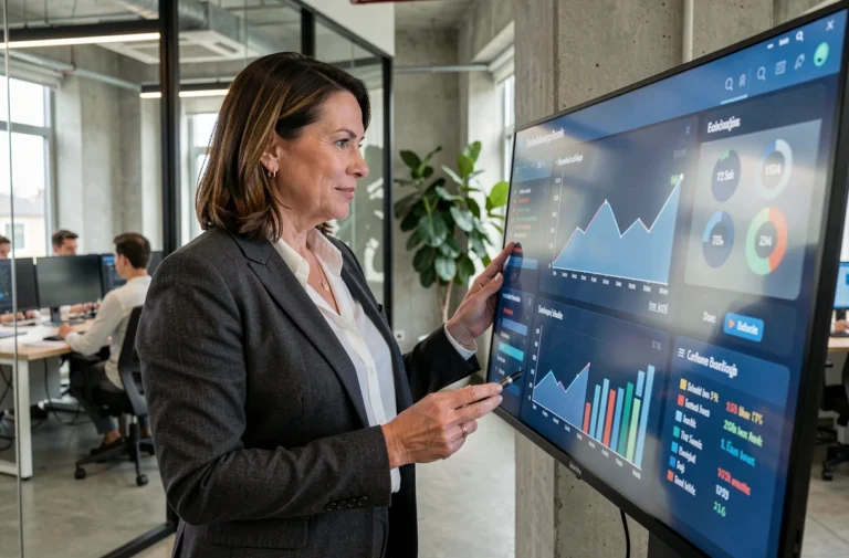 Femme professionnelle analysant des tableaux de bord analytiques sur un écran tactile dans un bureau moderne