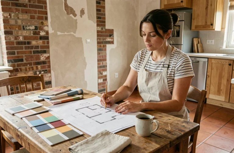 Femme planifiant la rénovation de sa maison avec des échantillons de peinture et un plan d'aménagement sur une table en bois brut