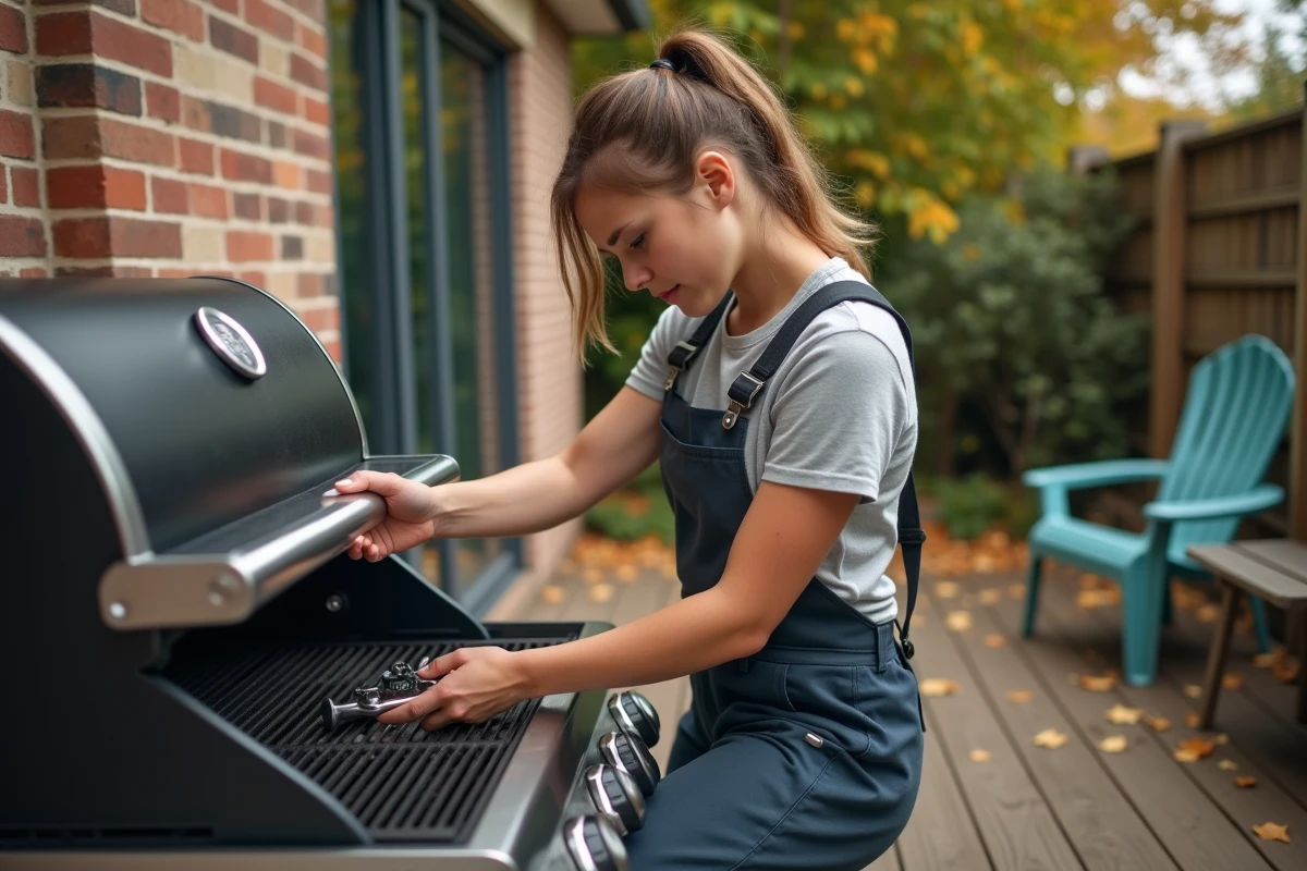 Jeune femme réparant un barbecue à gaz avec une clé
