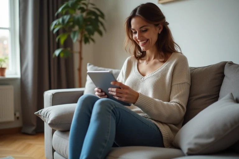 Femme souriante sur un canapé moderne dans un salon élégant