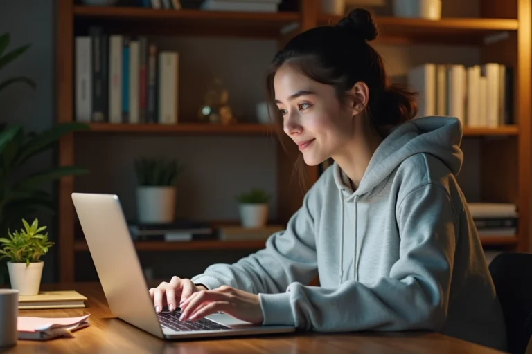 Jeune femme naviguant sur un site de sons en ligne depuis son bureau à domicile