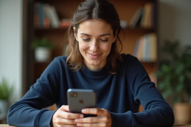 Femme tapant sur un smartphone Android pour saisir un C cédille majuscule