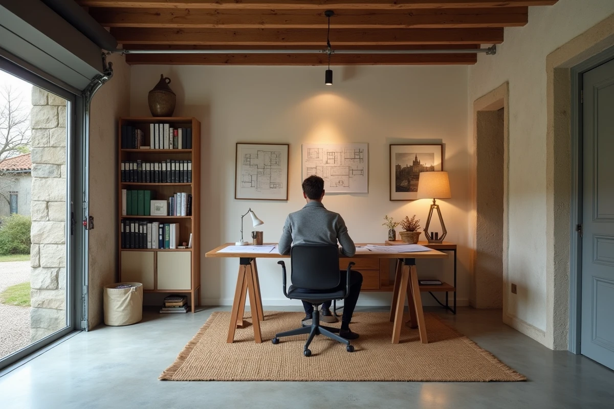 Homme travaillant dans un garage aménagé en annexe bureau attenant à une maison, montrant la distinction entre espace annexe et dépendance