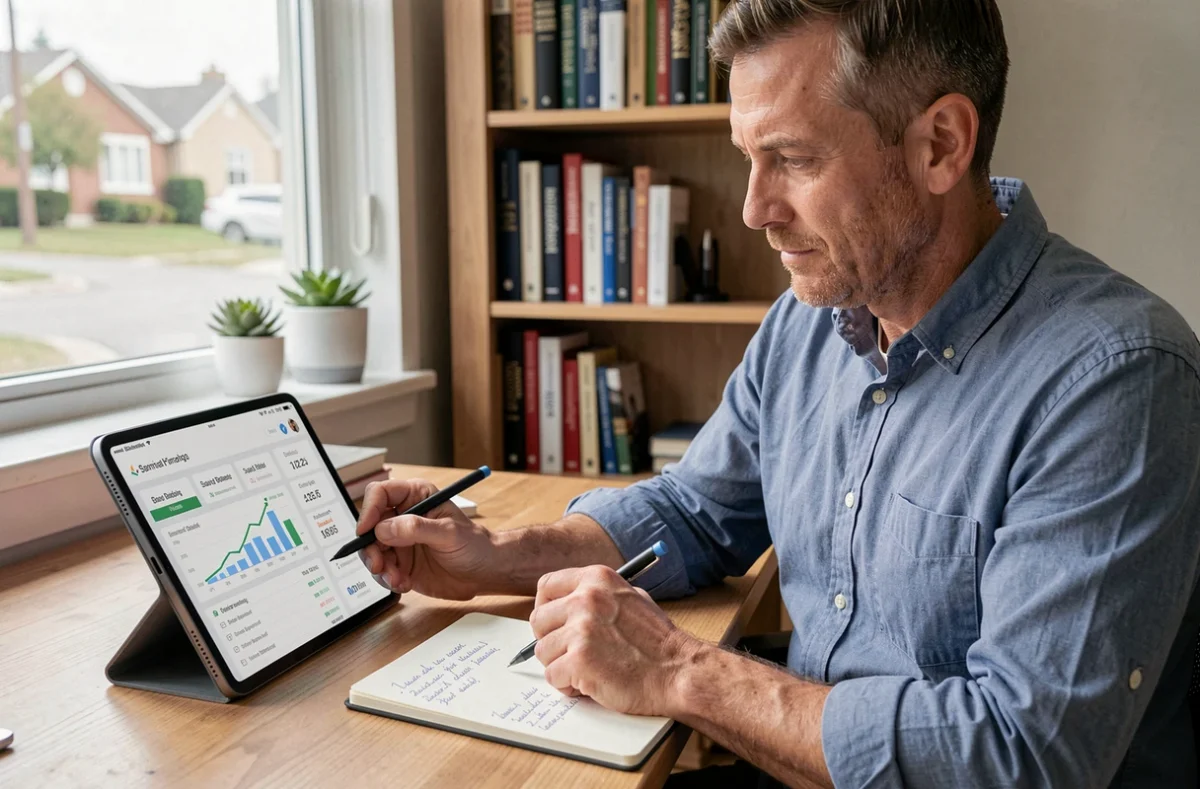 Homme utilisant une application de gestion financière personnalisée sur tablette dans son bureau à domicile