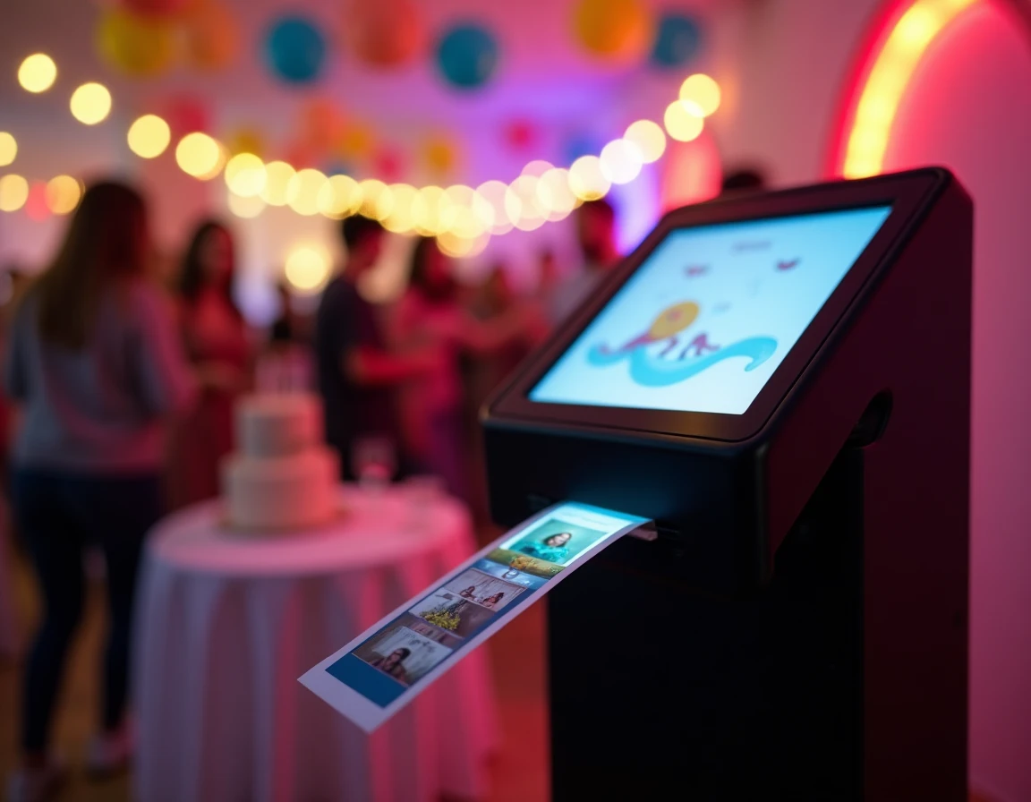 Gros plan sur la borne photobooth Kruu avec impression photo instantanée lors d'une fête d'anniversaire