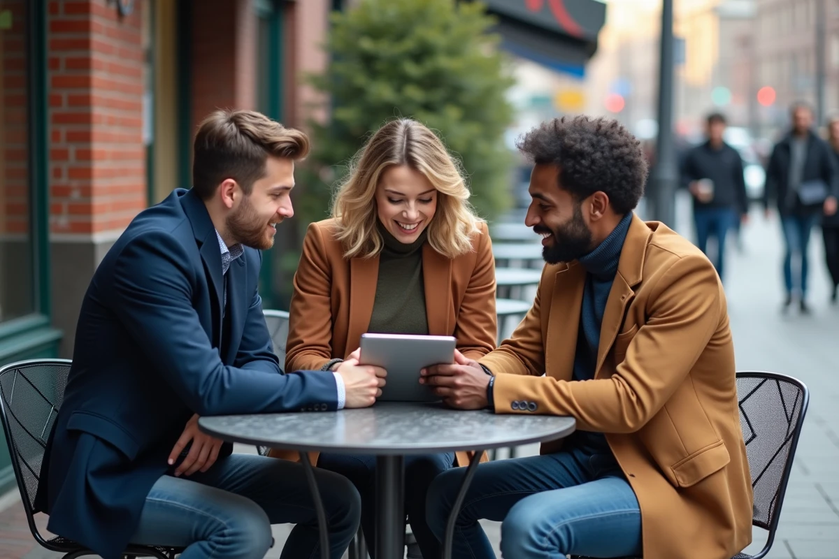 Trois jeunes adultes discutant autour d une table en ville