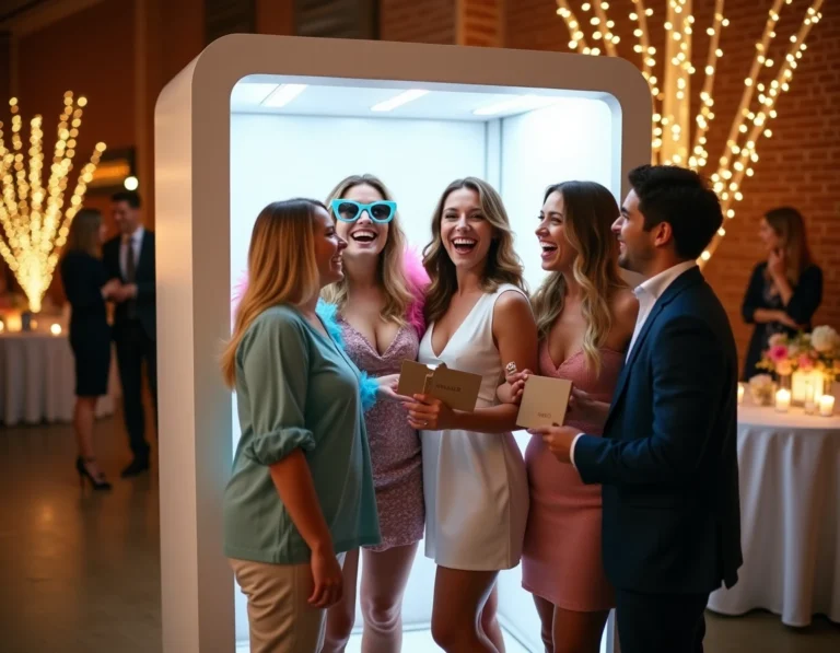 Groupe d'amis en train de poser dans un photobooth Kruu lors d'une réception de mariage avec accessoires colorés