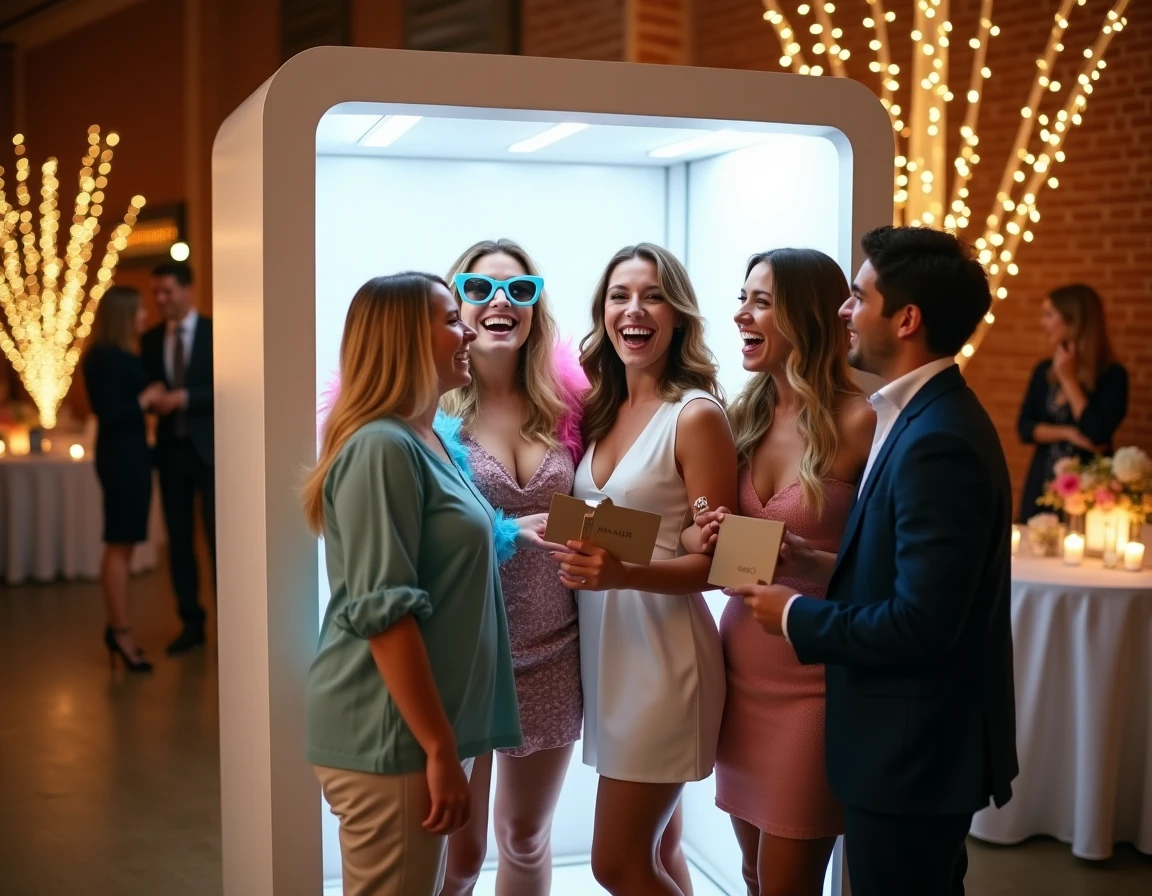 Groupe d'amis en train de poser dans un photobooth Kruu lors d'une réception de mariage avec accessoires colorés