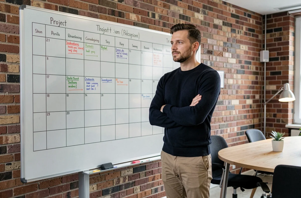 Homme debout devant un grand calendrier mural de planification de projets dans une salle de réunion moderne
