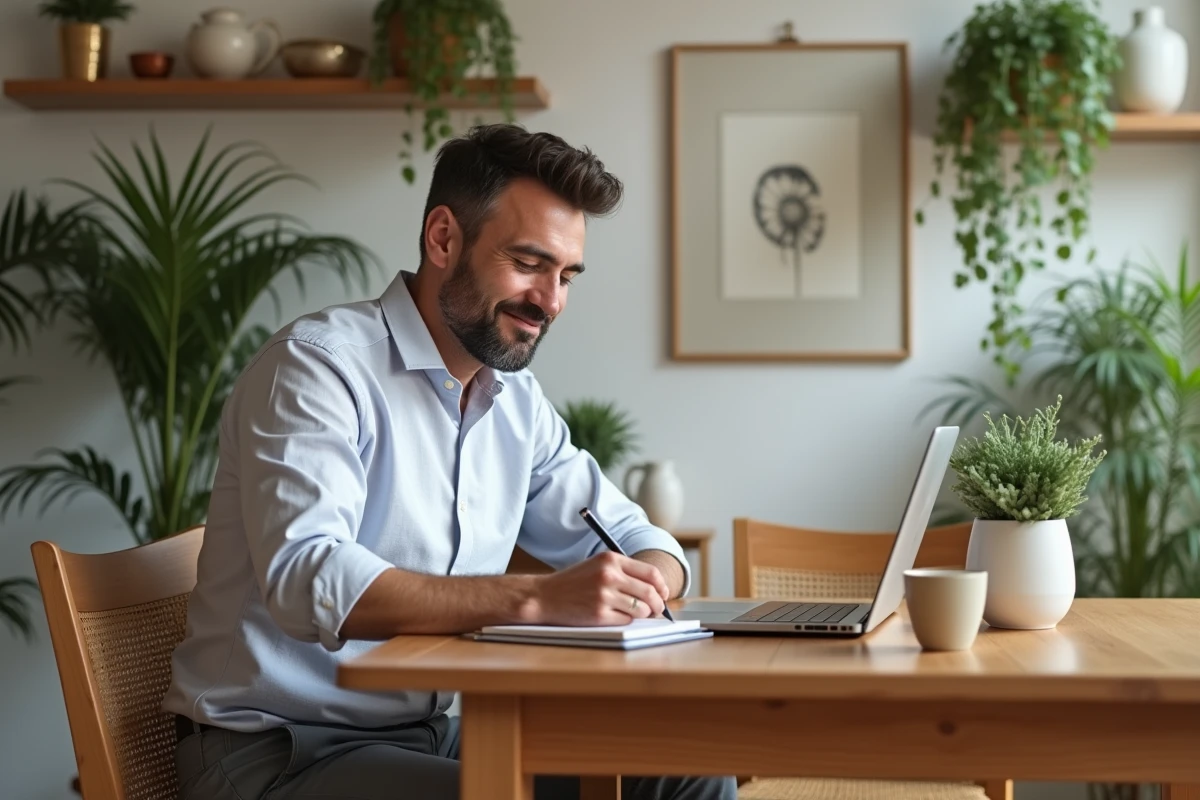 Homme en train de prendre des notes à une table de salle à manger