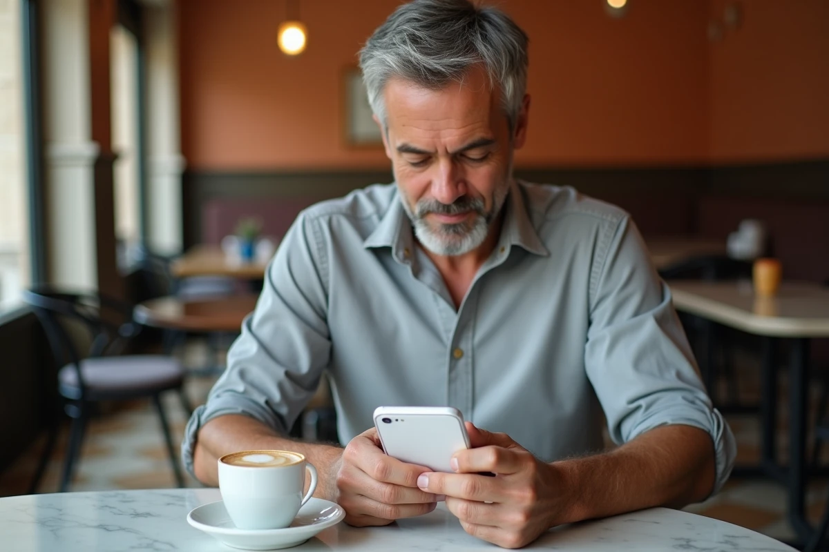 Homme utilisant un iPhone dans un café pour accéder au C cédille majuscule via le clavier français