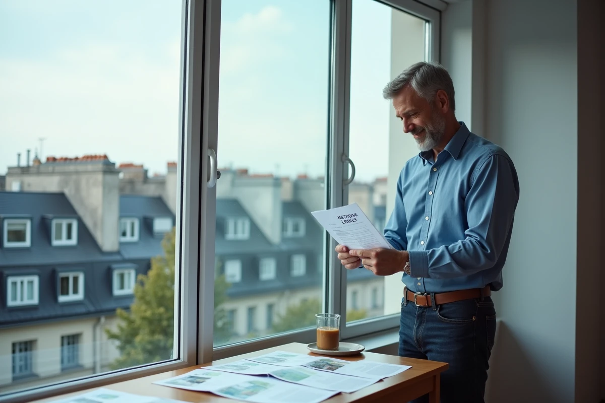 Homme regardant un document mentions legales près d une fenêtre